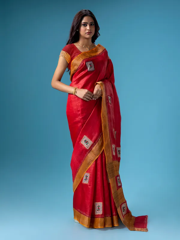 Trendy red cotton saree