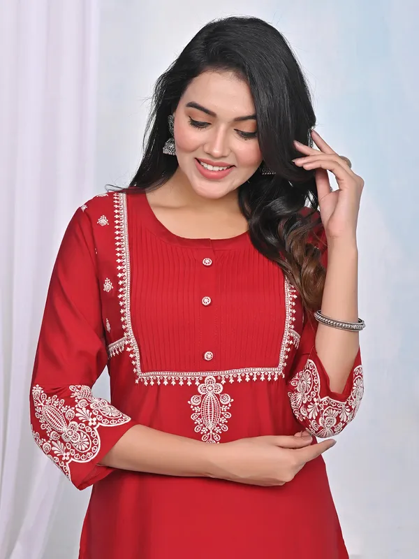 Trendy red embroidery cotton silk kurti