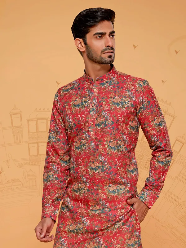 Trendy red floral printed kurta set
