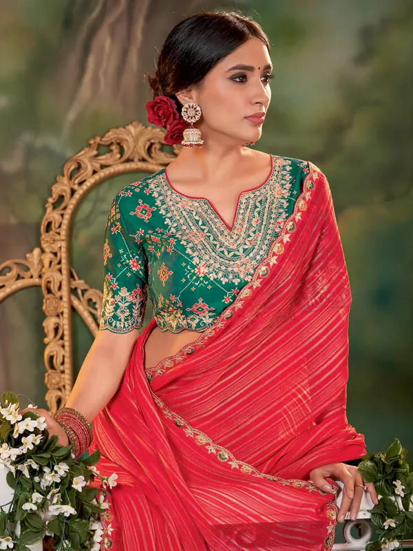 Trendy red georgette stripe saree