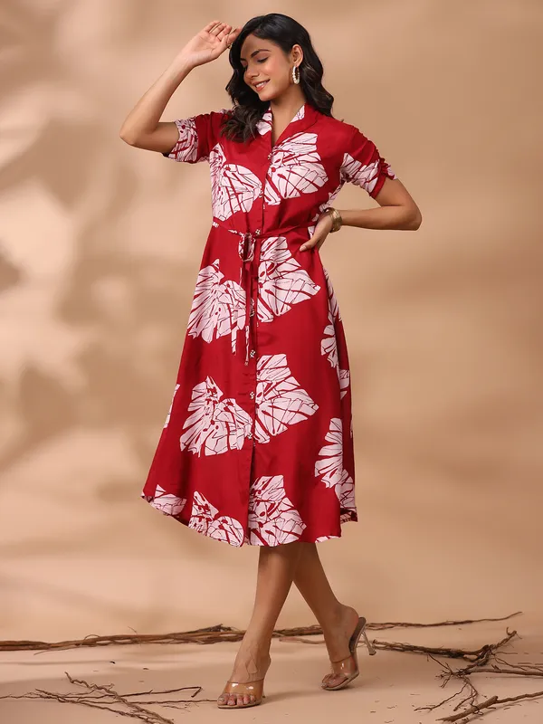Trendy red silk printed kurti