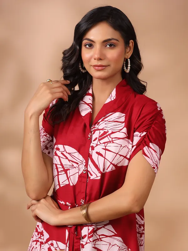 Trendy red silk printed kurti