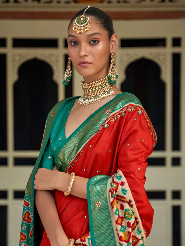 Trendy red silk printed saree for wedding