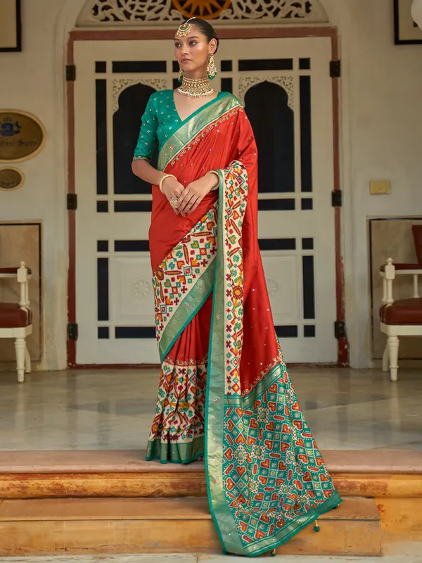 Trendy red silk printed saree for wedding
