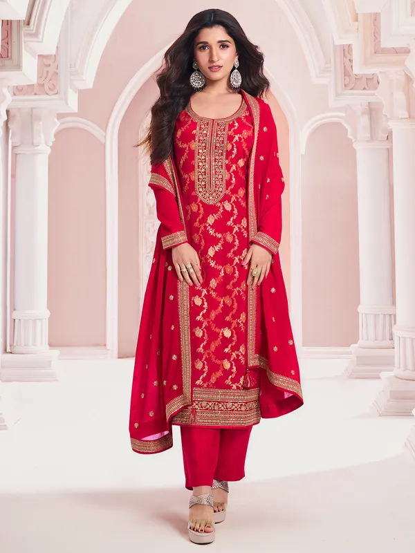 Trendy red silk salwar suit for festive