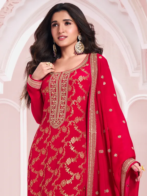 Trendy red silk salwar suit for festive