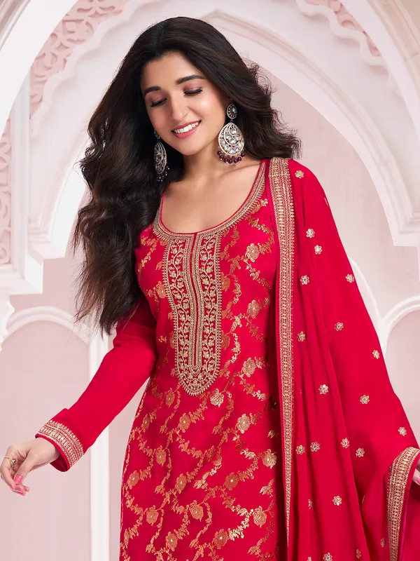 Trendy red silk salwar suit for festive