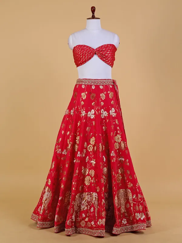 Trendy red silk unstitched lehenga choli