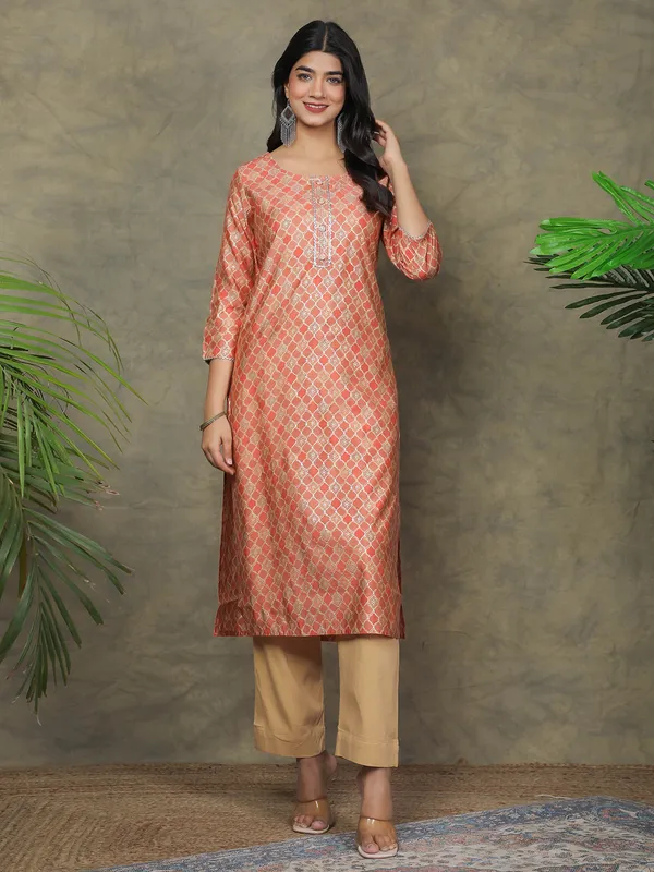 Trendy rust orange silk printed kurti
