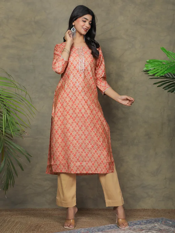 Trendy rust orange silk printed kurti