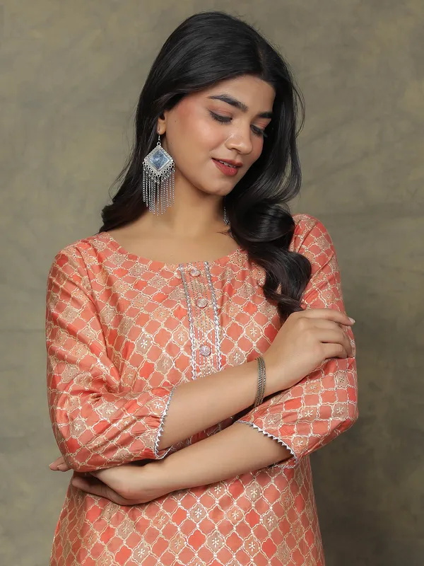 Trendy rust orange silk printed kurti