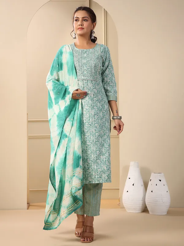 Trendy sea green cotton kurti set with dupatta