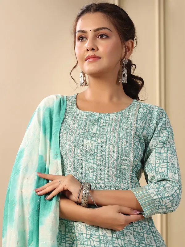 Trendy sea green cotton kurti set with dupatta
