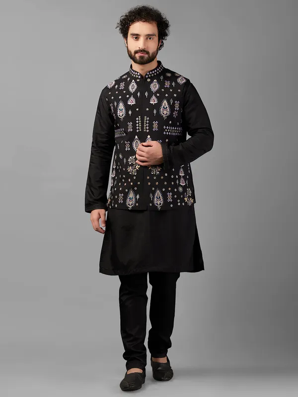 Trendy silk black waistcoat set