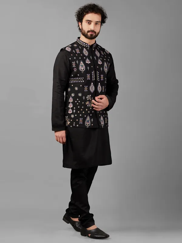 Trendy silk black waistcoat set
