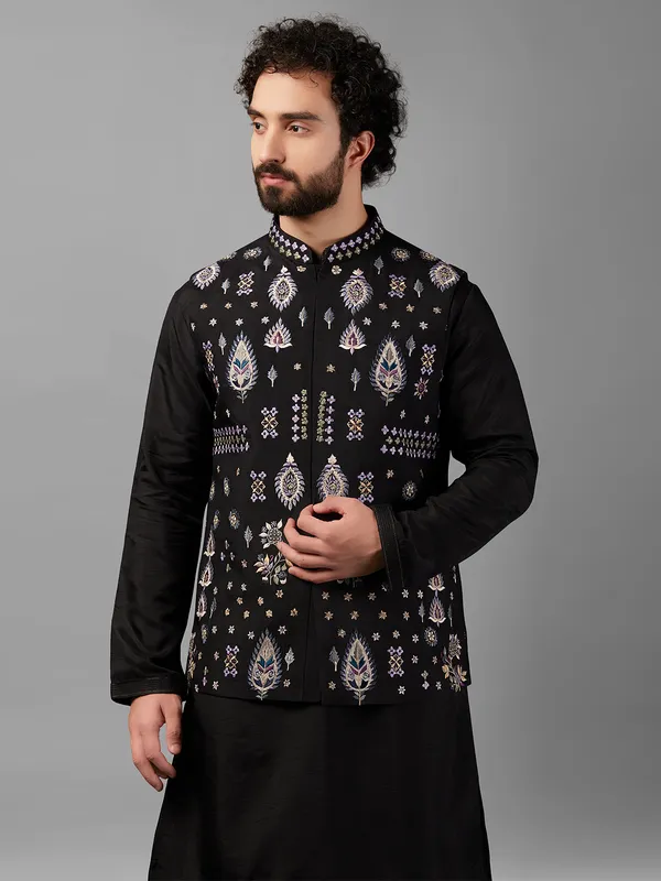 Trendy silk black waistcoat set