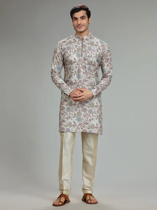 Trendy silk cream  Men Kurta pajama for festive