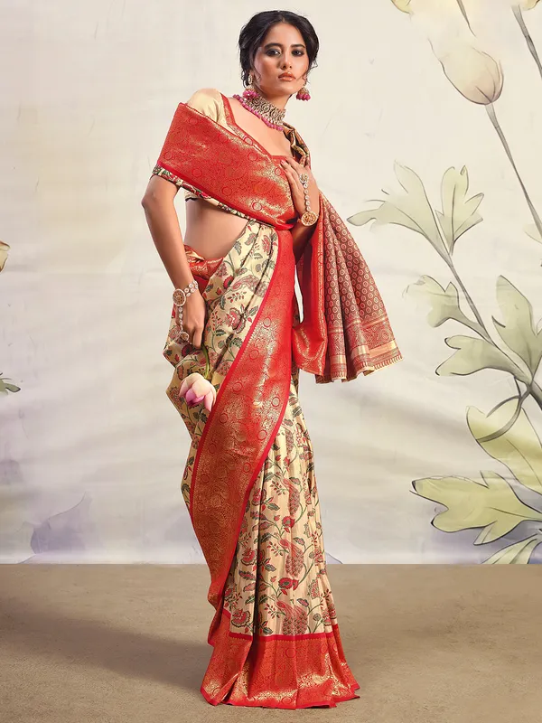 Trendy silk cream saree for festive