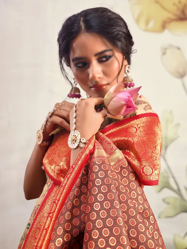 Trendy silk cream saree for festive