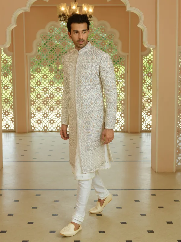 Trendy silk cream sherwani