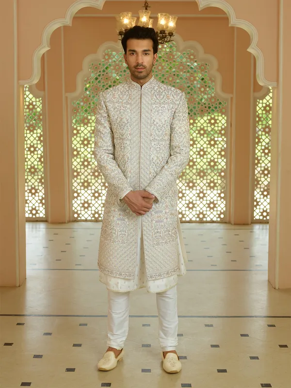 Trendy silk cream sherwani