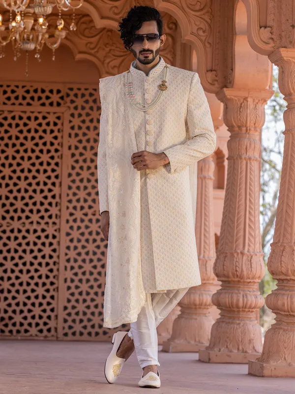 Trendy silk cream wedding sherwani