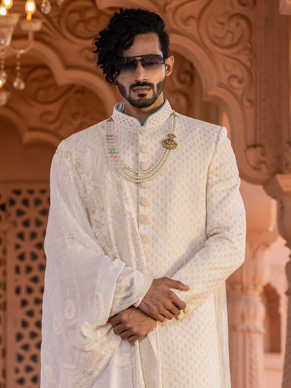 Trendy silk cream wedding sherwani