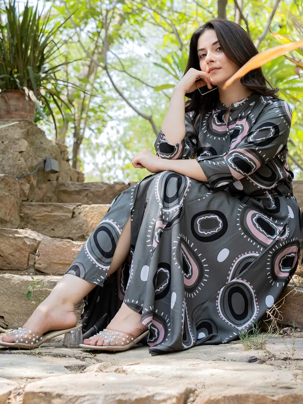Trendy silk dark grey printed kurti