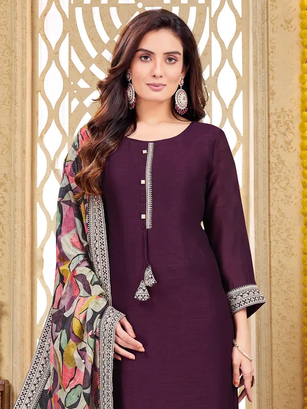 Trendy silk dark purple straight cut salwar suit