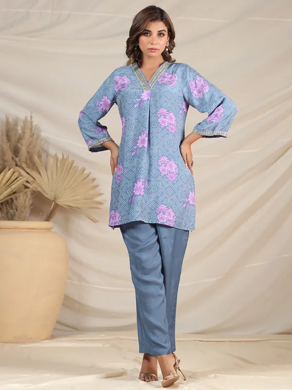 Trendy silk light blue printed co-ord set