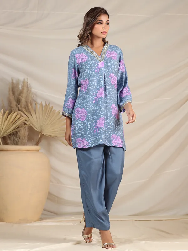 Trendy silk light blue printed co-ord set