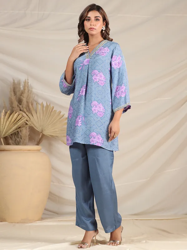 Trendy silk light blue printed co-ord set