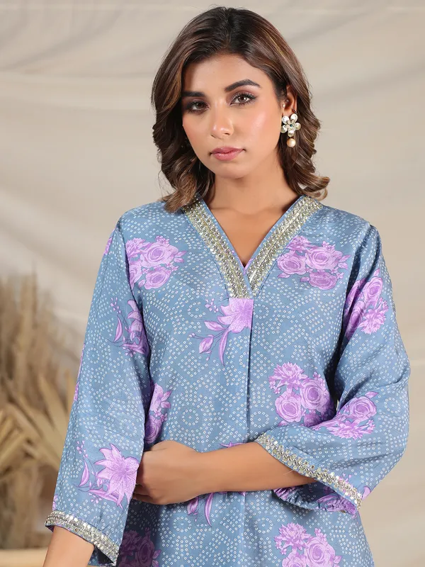 Trendy silk light blue printed co-ord set