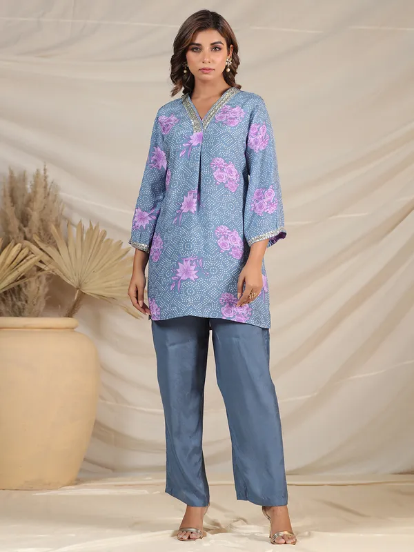 Trendy silk light blue printed co-ord set