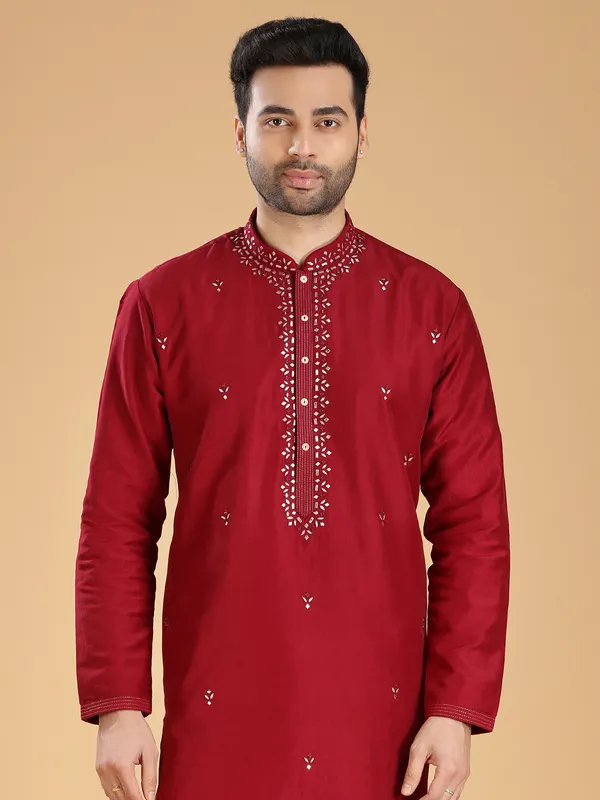 Trendy silk maroon  Men Kurta pajama