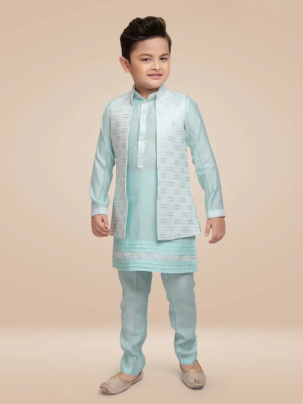 Trendy silk mint green waistcoat set