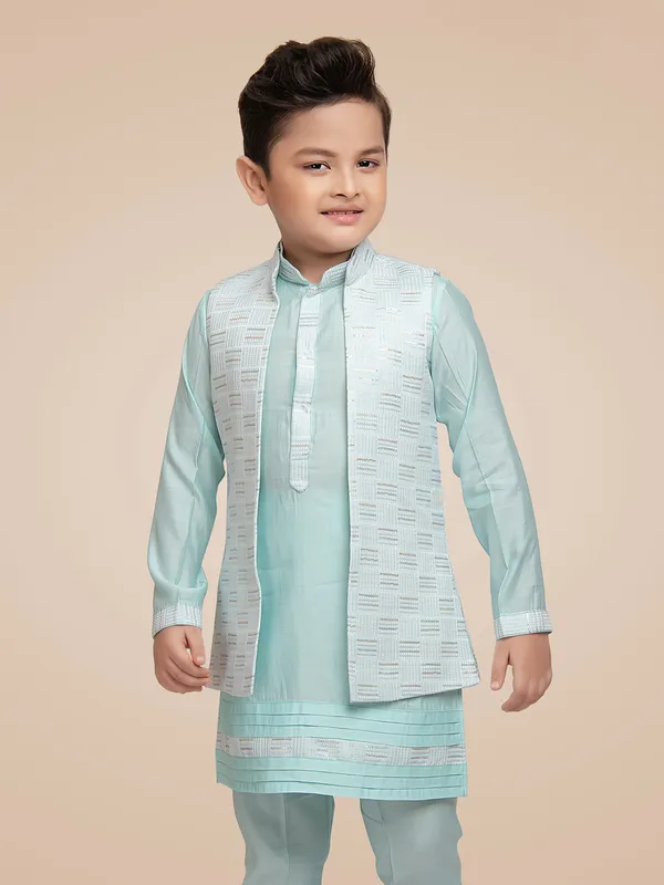 Trendy silk mint green waistcoat set