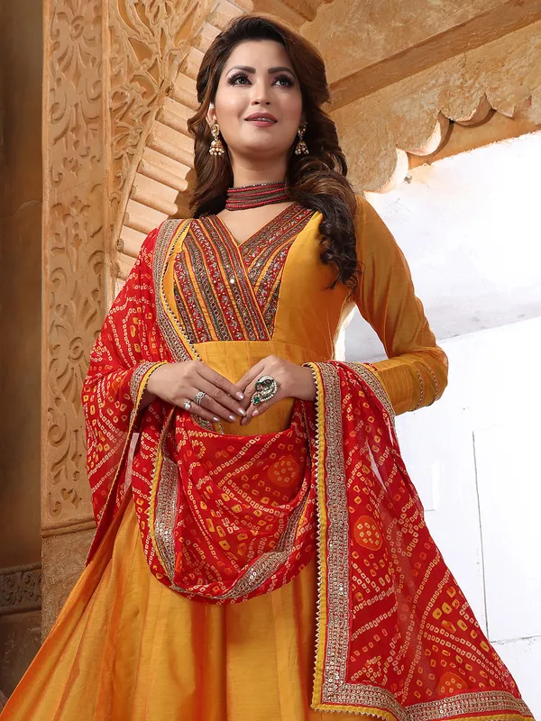 Trendy silk mustard yellow anarkali suit