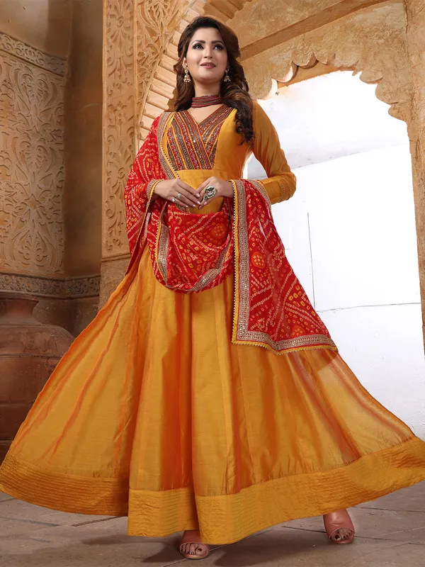 Trendy silk mustard yellow anarkali suit