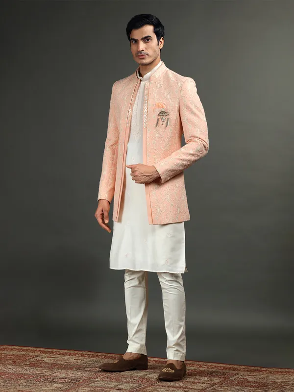 Trendy silk peach and cream indowestern