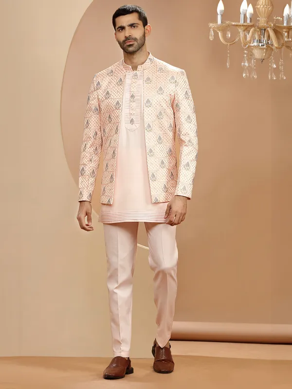 Trendy silk peach indowestern for reception