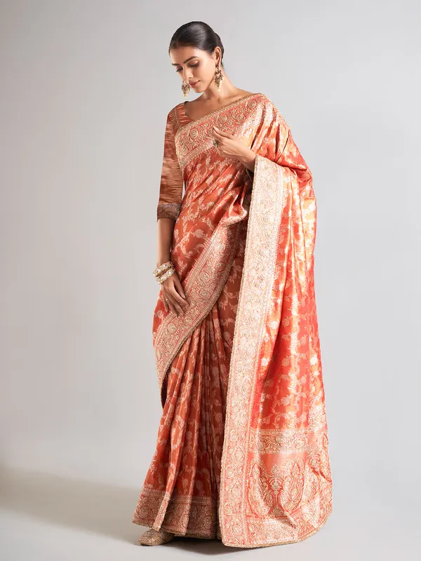 Trendy silk peach saree for wedding