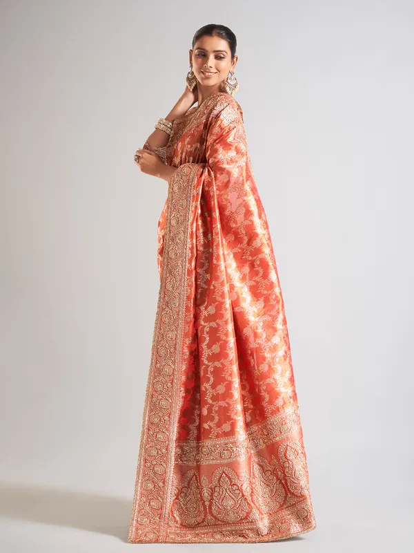 Trendy silk peach saree for wedding
