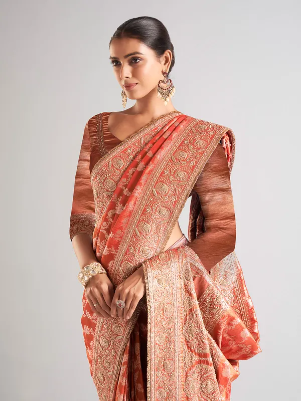 Trendy silk peach saree for wedding