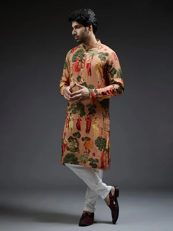 Trendy silk peach village theme printed kurta suit