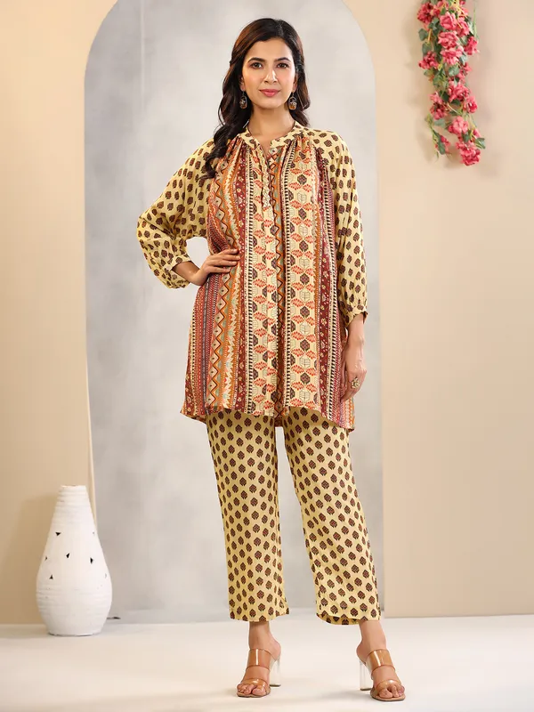 Trendy silk printed co ord set in yellow