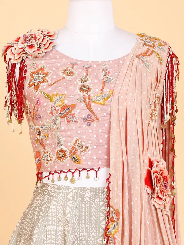 Trendy silk printed lehenga choli in peach