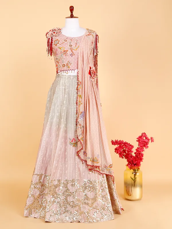 Trendy silk printed lehenga choli in peach