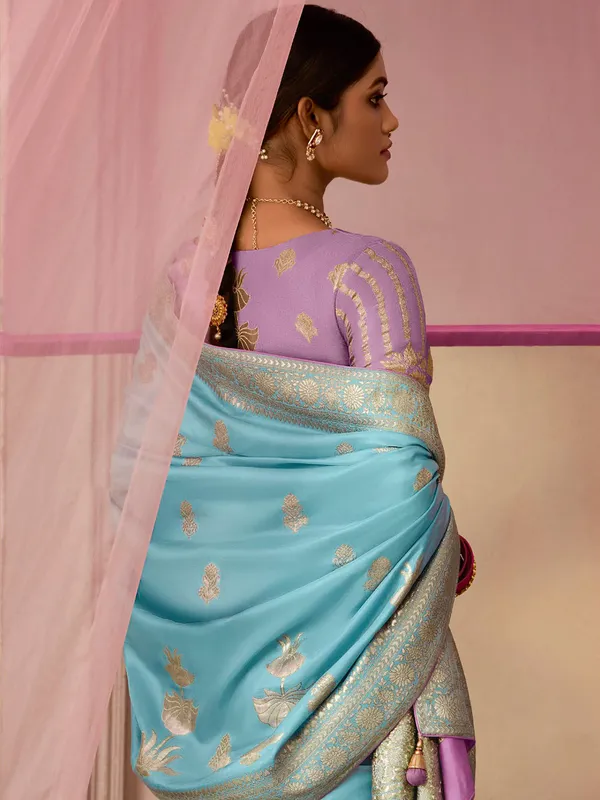 Trendy sky blue dola silk saree