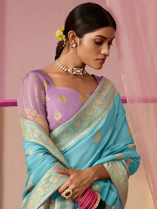 Trendy sky blue dola silk saree